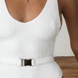 Capri Coast | Belted Ribbed Square Neck One Piece Swimsuit