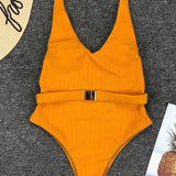 Capri Coast | Belted Ribbed Square Neck One Piece Swimsuit