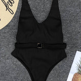 Capri Coast | Belted Ribbed Square Neck One Piece Swimsuit