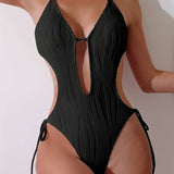 Thalisse | Halter Cutout Textured One Piece Swimsuit