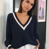 Preppy Ease | Contrast Stitch V Neck Knit Sweater