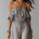 Sage Boheme | Off Shoulder Ruffled Wide Leg Jumpsuit