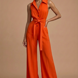 Elmiora | Sleeveless Jumpsuit Collar Button Front Tie Waist Wide Leg