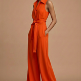 Elmiora | Sleeveless Jumpsuit Collar Button Front Tie Waist Wide Leg