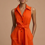 Elmiora | Sleeveless Jumpsuit Collar Button Front Tie Waist Wide Leg