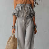 Sage Boheme | Off Shoulder Ruffled Wide Leg Jumpsuit