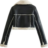 Elysian Edge | Cropped Sherpa Lined Faux Leather Jacket with Zip Front