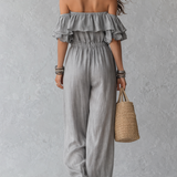 Sage Boheme | Off Shoulder Ruffled Wide Leg Jumpsuit