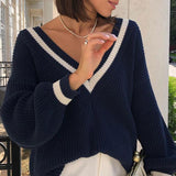 Preppy Ease | Contrast Stitch V Neck Knit Sweater