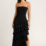 Noir Élise | Black Strapless Ruffle Maxi Dress