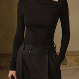 Zirelune | Ribbed Knit Top Asymmetrical Neck Long Sleeves Slim Fit