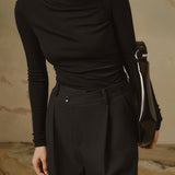 Zirelune | Ribbed Knit Top Asymmetrical Neck Long Sleeves Slim Fit