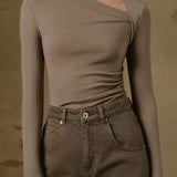 Zirelune | Ribbed Knit Top Asymmetrical Neck Long Sleeves Slim Fit