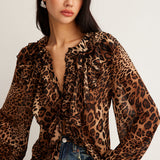 Savirra | Leopard Print Blouse Ruffle Neck Long Sleeves Chiffon