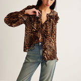 Savirra | Leopard Print Blouse Ruffle Neck Long Sleeves Chiffon