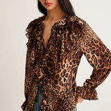 Savirra | Leopard Print Blouse Ruffle Neck Long Sleeves Chiffon