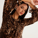 Savirra | Leopard Print Blouse Ruffle Neck Long Sleeves Chiffon