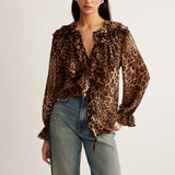 Savirra | Leopard Print Blouse Ruffle Neck Long Sleeves Chiffon