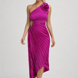 Rosalie Fleur | One Shoulder Pleated Midi Wedding Guest Dress