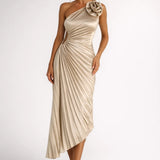 Rosalie Fleur | One Shoulder Pleated Midi Wedding Guest Dress