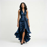 Natalia Étoile | Satin Halter Ruffle Maxi Wedding Guest Dress