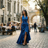 Natalia Étoile | Satin Halter Ruffle Maxi Wedding Guest Dress