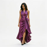 Natalia Étoile | Satin Halter Ruffle Maxi Wedding Guest Dress