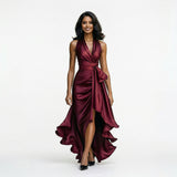 Natalia Étoile | Satin Halter Ruffle Maxi Wedding Guest Dress