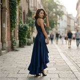 Natalia Étoile | Satin Halter Ruffle Maxi Wedding Guest Dress