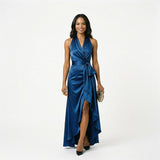 Natalia Étoile | Satin Halter Ruffle Maxi Wedding Guest Dress