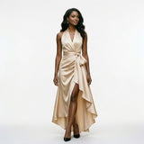 Natalia Étoile | Satin Halter Ruffle Maxi Wedding Guest Dress