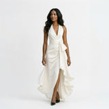 Natalia Étoile | Satin Halter Ruffle Maxi Wedding Guest Dress