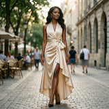 Natalia Étoile | Satin Halter Ruffle Maxi Wedding Guest Dress