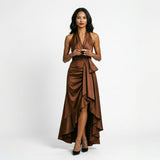 Natalia Étoile | Satin Halter Ruffle Maxi Wedding Guest Dress