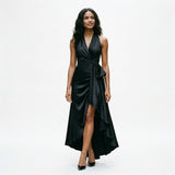 Natalia Étoile | Satin Halter Ruffle Maxi Wedding Guest Dress