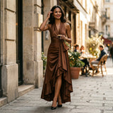 Natalia Étoile | Satin Halter Ruffle Maxi Wedding Guest Dress