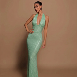 Aurevienne | Sequin Halter Maxi Dress Open Back Mermaid Hem