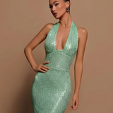 Aurevienne | Sequin Halter Maxi Dress Open Back Mermaid Hem