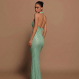 Aurevienne | Sequin Halter Maxi Dress Open Back Mermaid Hem