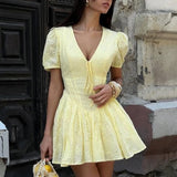 Limonette Dress | Lemon Eyelet Fit And Flare Mini Dress