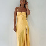 Solara Satin | Butter Yellow Satin Maxi Dress