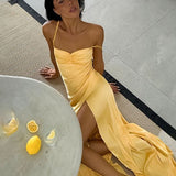 Solara Satin | Butter Yellow Satin Maxi Dress