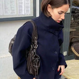 Nordic Veil | High Neck Wool Effect Jacket with Double Breasted Closure