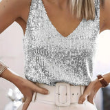 Zirelia | Sequin V Neck Top Sleeveless Shimmer Fit