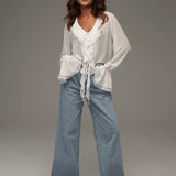 Elowen | Ruffled Chiffon Blouse with Tie Front and Bell Sleeves