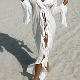 Coastal | Maxi Cover Up Long Sleeves Front Tie Ruffles