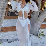 Riviera Breeze | Sheer Crochet Two Piece Cover Up Crop Top Maxi Skirt