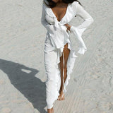 Coastal | Maxi Cover Up Long Sleeves Front Tie Ruffles