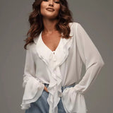 Elowen | Ruffled Chiffon Blouse with Tie Front and Bell Sleeves