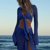 Riviera Breeze | Sheer Crochet Two Piece Cover Up Crop Top Maxi Skirt